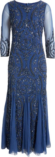 Pisarro Nights Sequin Beaded Illusion Mesh Three-Quarter Sleeve