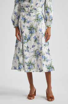 Veronica Beard Arwen Floral Belted Cotton Midi Skirt