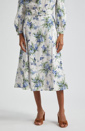 Veronica Beard Arwen Floral Belted Midi Skirt In Off White Multi