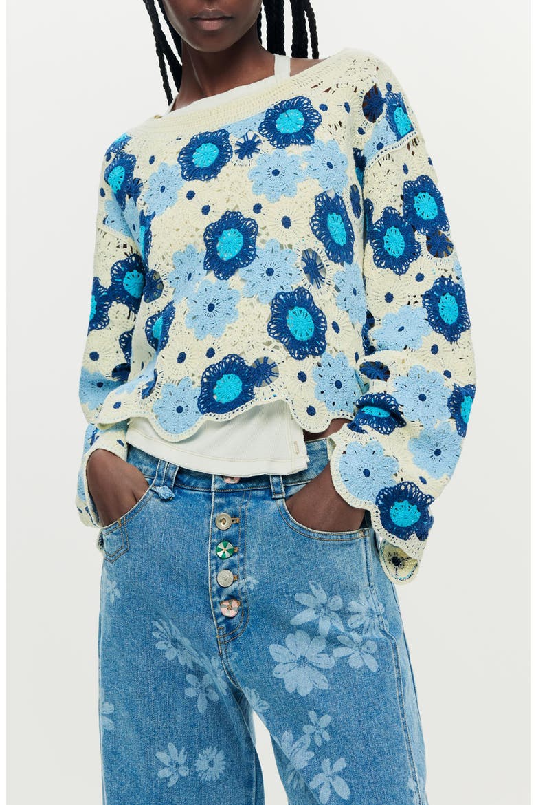Open Stitch Floral Sweater, Main, color, BLUE