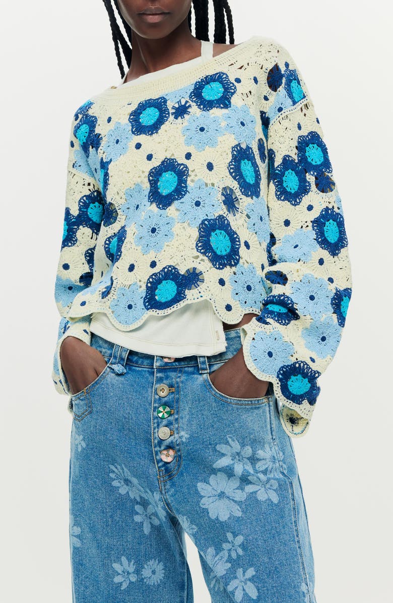 Desigual Open Stitch Floral Sweater, Main, color, 