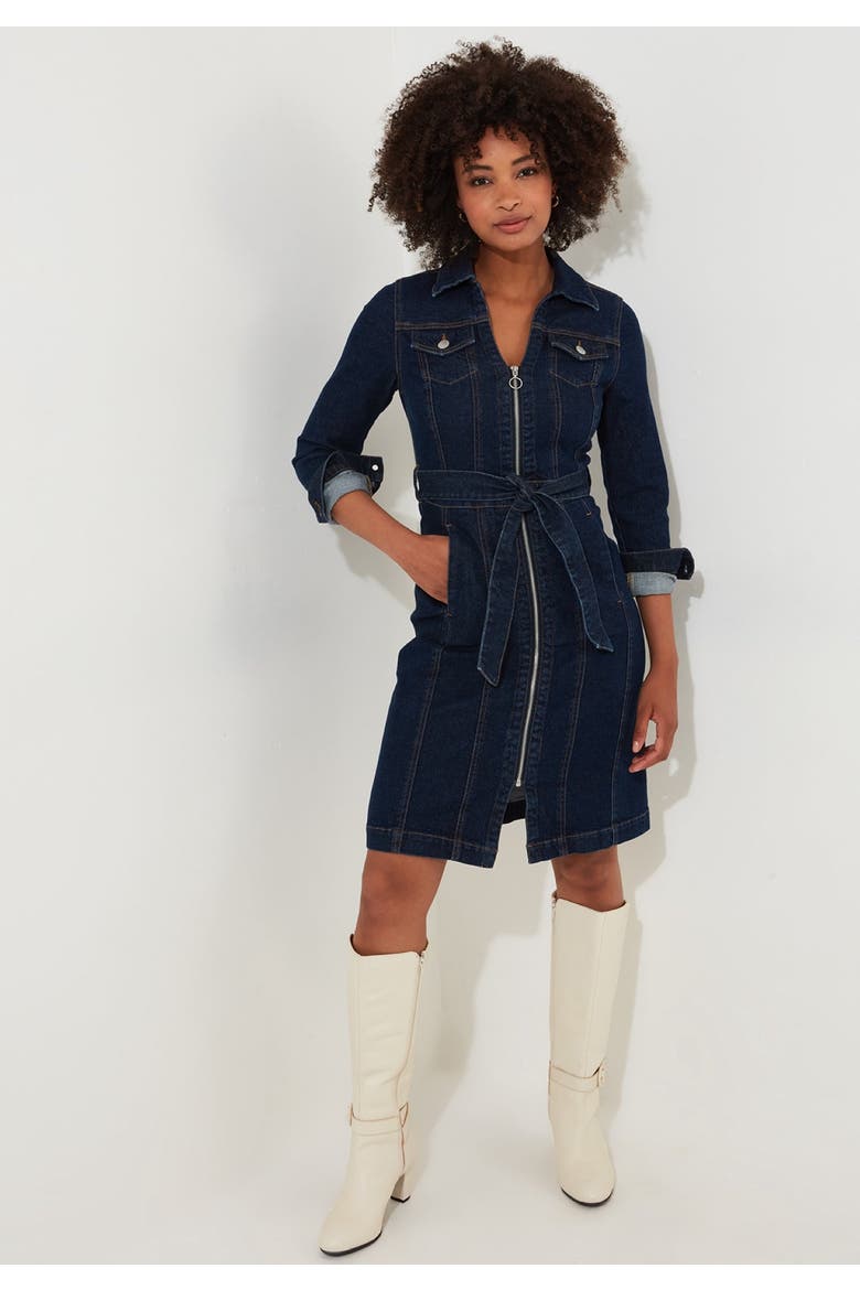 Belted Stretch Denim Dress, Main, color, DARK BLUE