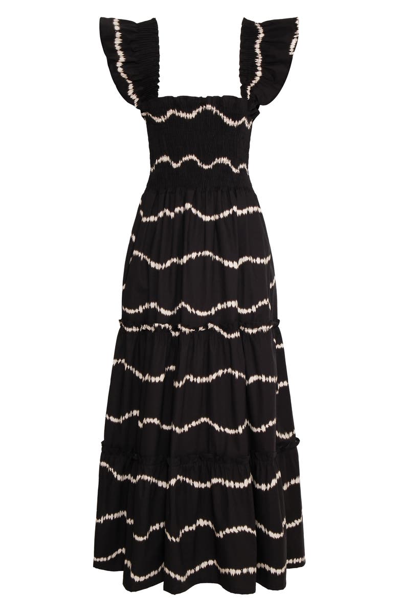 The Lulo Project Sunset Print Smocked Stretch Cotton Maxi Dress, Alternate, color, Black Waves