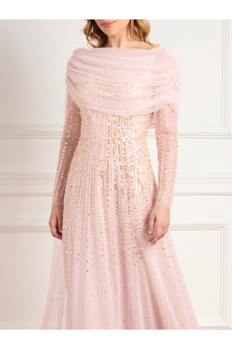 Moonlight Sequin Draped Long Sleeve Gown, Alternate, color, Shell/Gold