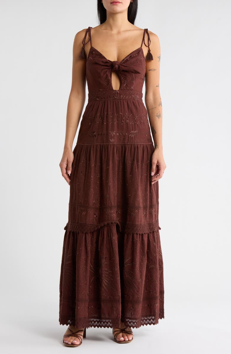 Alice + Olivia Minka Floral Embroidered Cutout Cotton & Linen Maxi Dress, Main, color, Mocha
