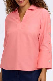Foxcroft Lainey Button Accent Cotton Popover Top