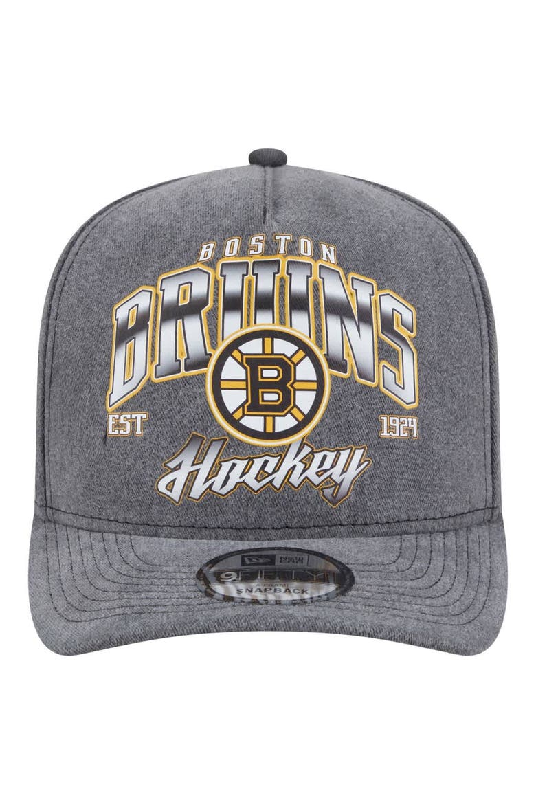 Men's New Era  Charcoal Boston Bruins Throwback Washed A-Frame Pre-Curved 9FIFTY Snapback Hat, Alternate, color, Charcoal