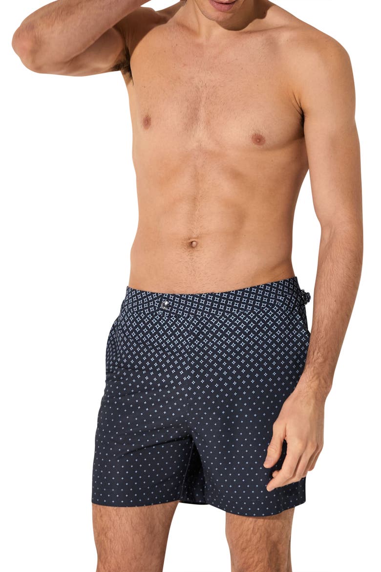 Darli Gradient Geo Print Side Adjuster Swim Trunks, Alternate, color, NAVY