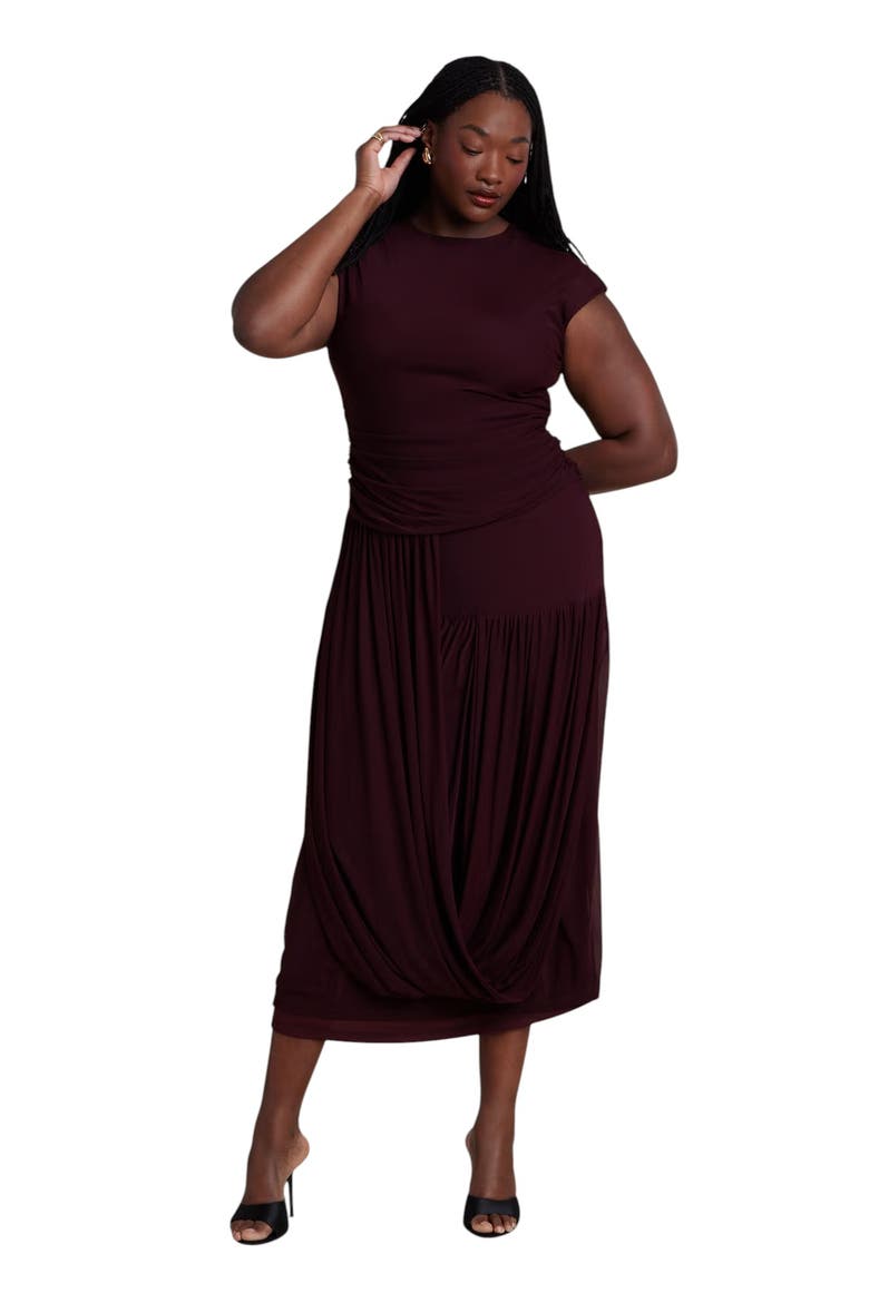 Drape Detail Fitted Mesh Dress, Alternate, color, WINE TASTING