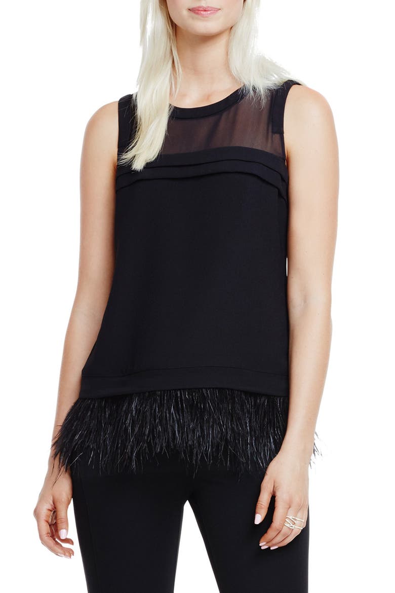 Sheer Yoke Shell with Feather Hem, Main, color, RICH BLACK