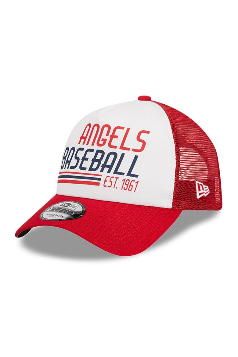 Men's New Era White/Red Los Angeles Angels Stacked A-Frame Trucker 9FORTY Adjustable Hat, Main, color, White