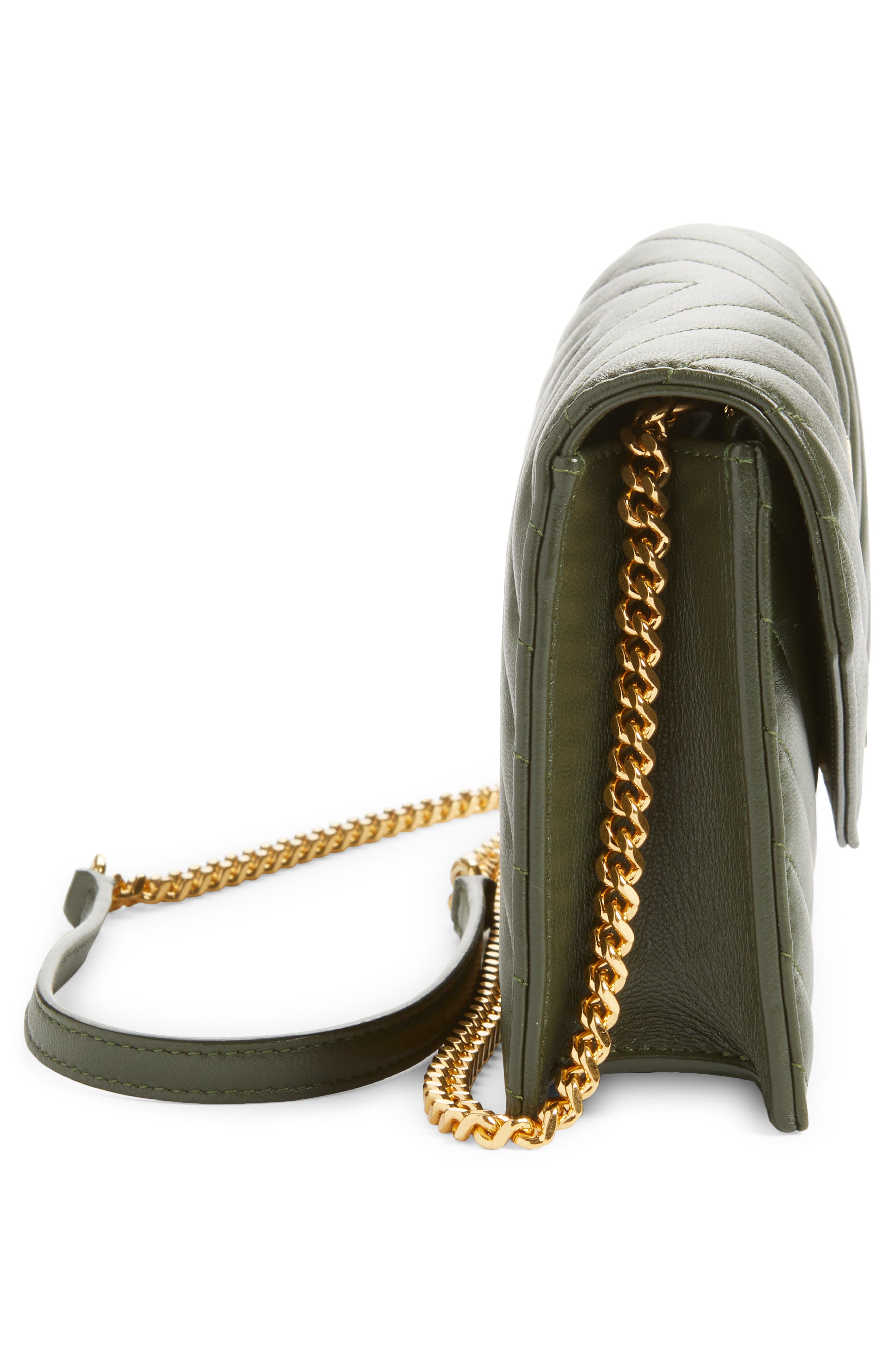 Saint Laurent Cassandre Quilted Leather Wallet on a Chain, Alternate, color, Olive Wood