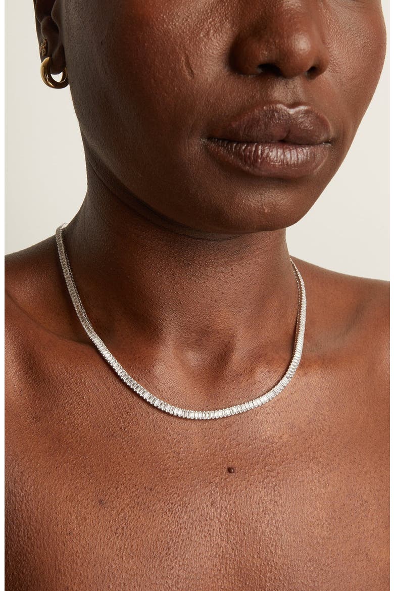 Lab Grown White Sapphire Baguette Tennis Necklace - 27ct, Alternate, color, White Vermeil, 13ct