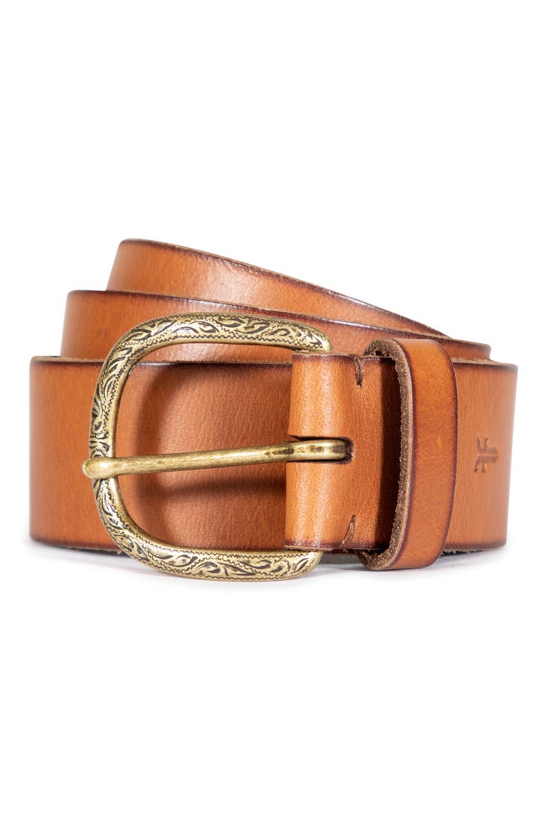 Burnished Leather Belt with Engraved Buckle, Main, color, HONEY