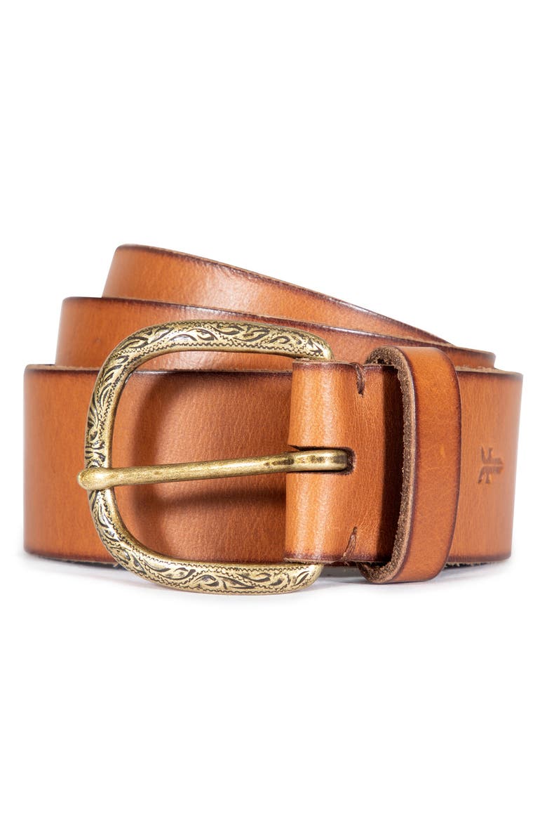 Frye Burnished Leather Belt with Engraved Buckle, Main, color,