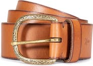 Frye Burnished Leather Belt with Engraved Buckle