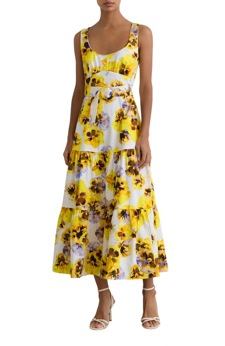 Reiss Erin Floral Belted Midi Sundress, Main, color, Yellow