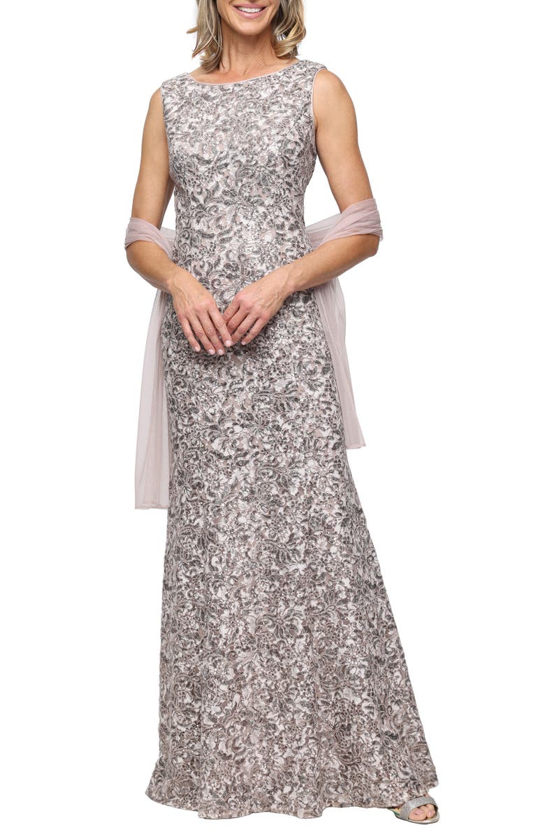 Alex Evenings Beaded Gown & Shawl, Main, color, Mink