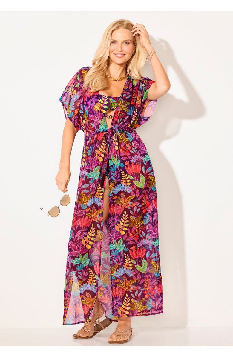 Swimsuits for All Open Front Tie-Waist Maxi Cover Up, Alternate, color, Black Cherry Boho