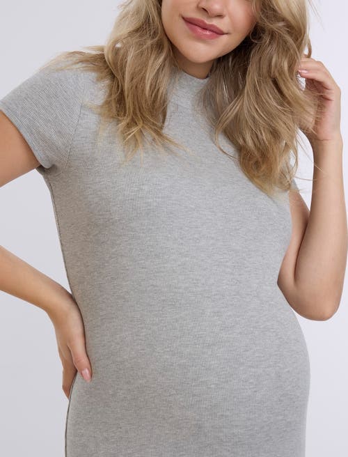 Motherhood Maternity Mock Neck Short Sleeve Ribbed Maternity Midi Dress In Heather Grey