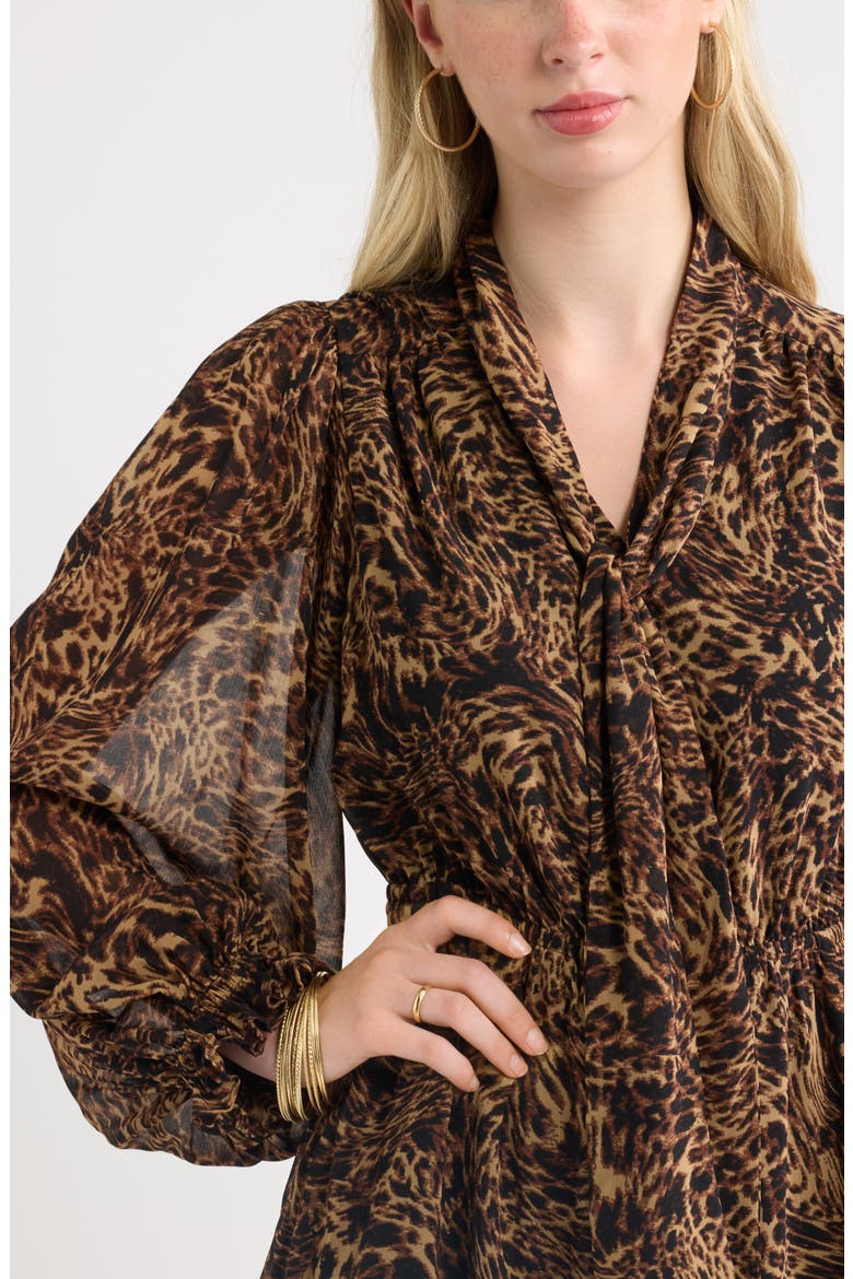 Tie Neck Long Sleeve Minidress, Alternate, color, TAN- BLACK LEOPARD ABSTRACT