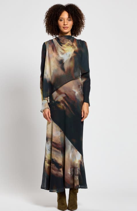 TALIHA black floral night beauty flare dress