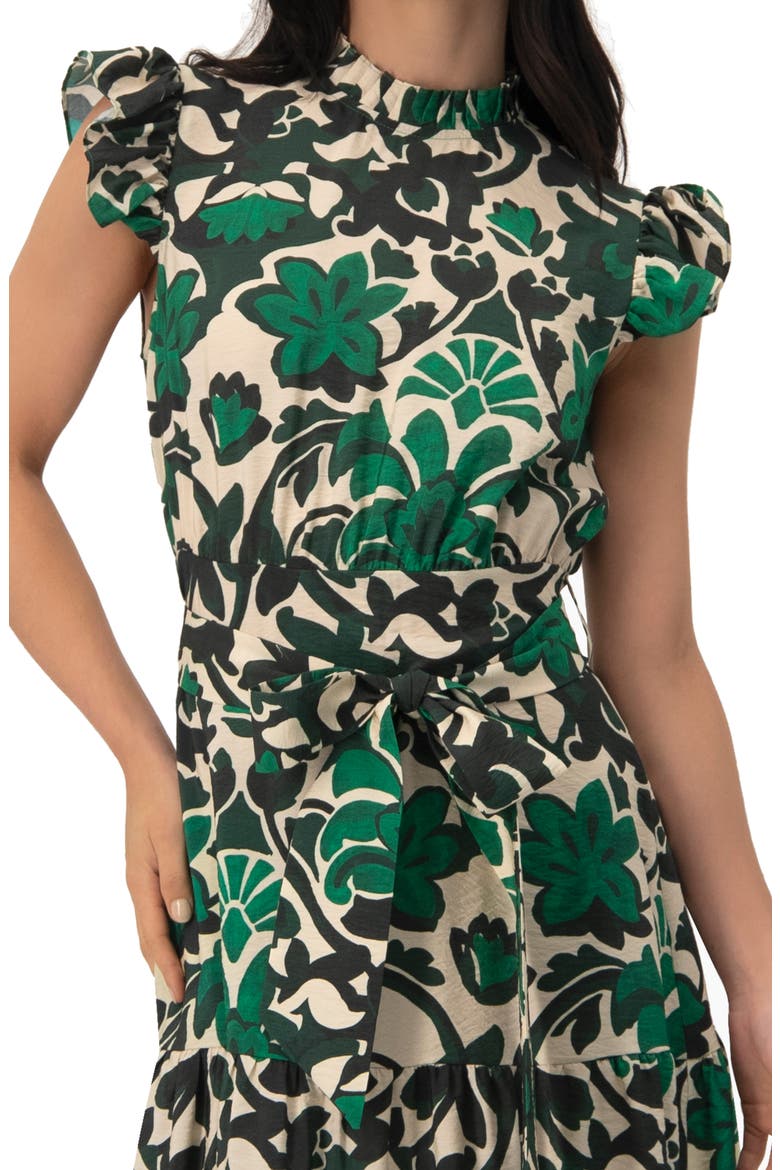 Printed Ruffle-Sleeve Maxi Dress with Tie Waist, Alternate, color, Green