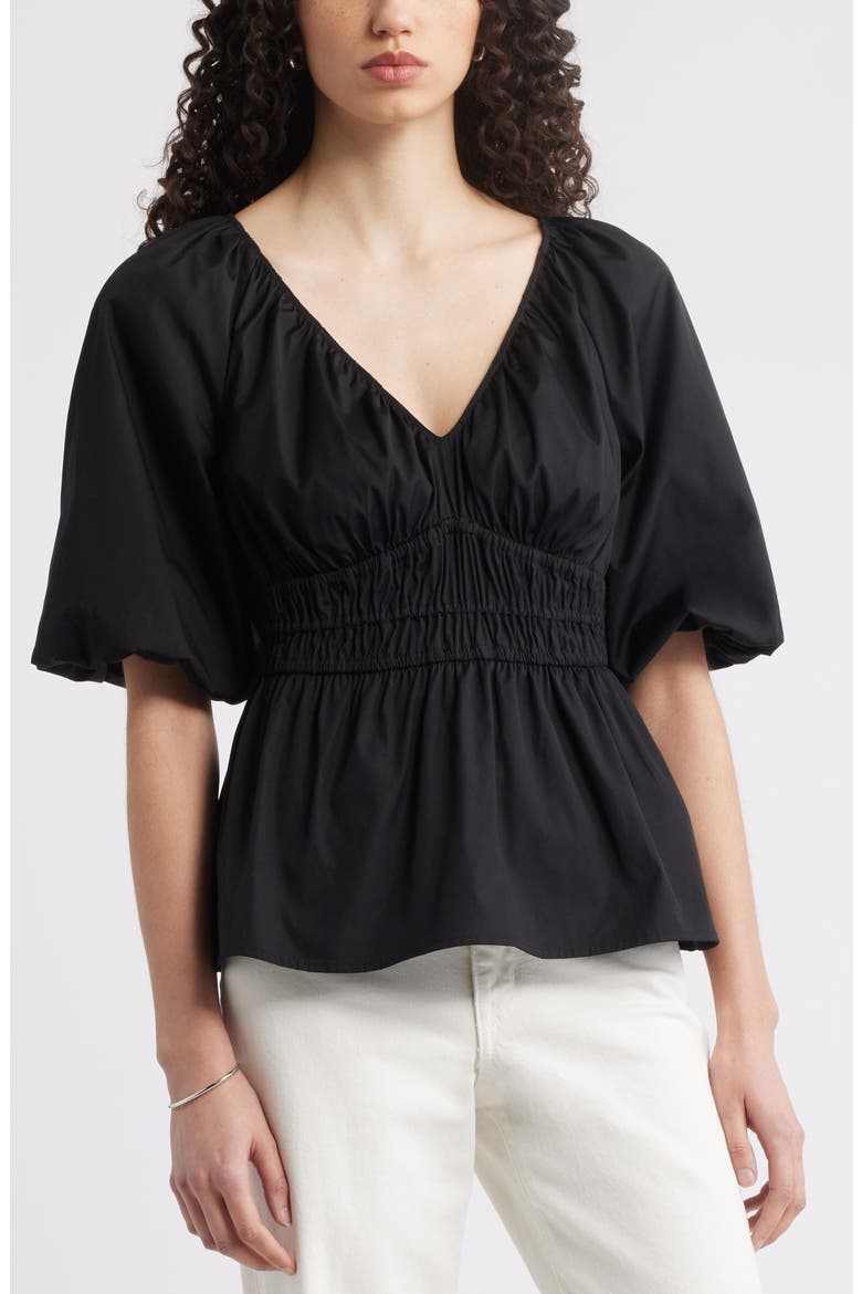 Puff Sleeve Cotton Poplin Shirt, Main, color, BLACK
