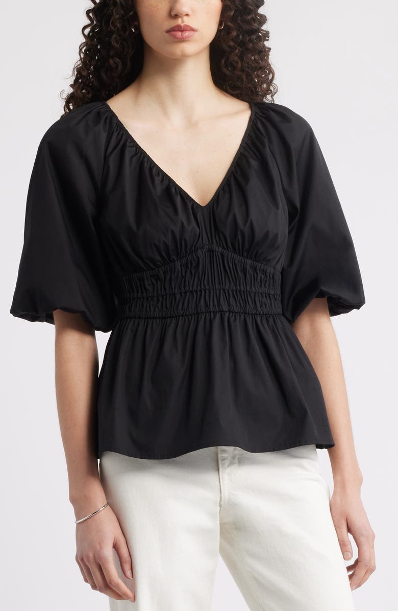 Nordstrom Puff Sleeve Cotton Poplin Shirt, Main, color, Black