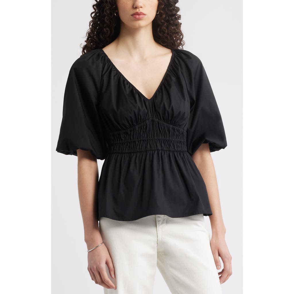 Nordstrom Puff Sleeve Cotton Poplin Shirt In Black