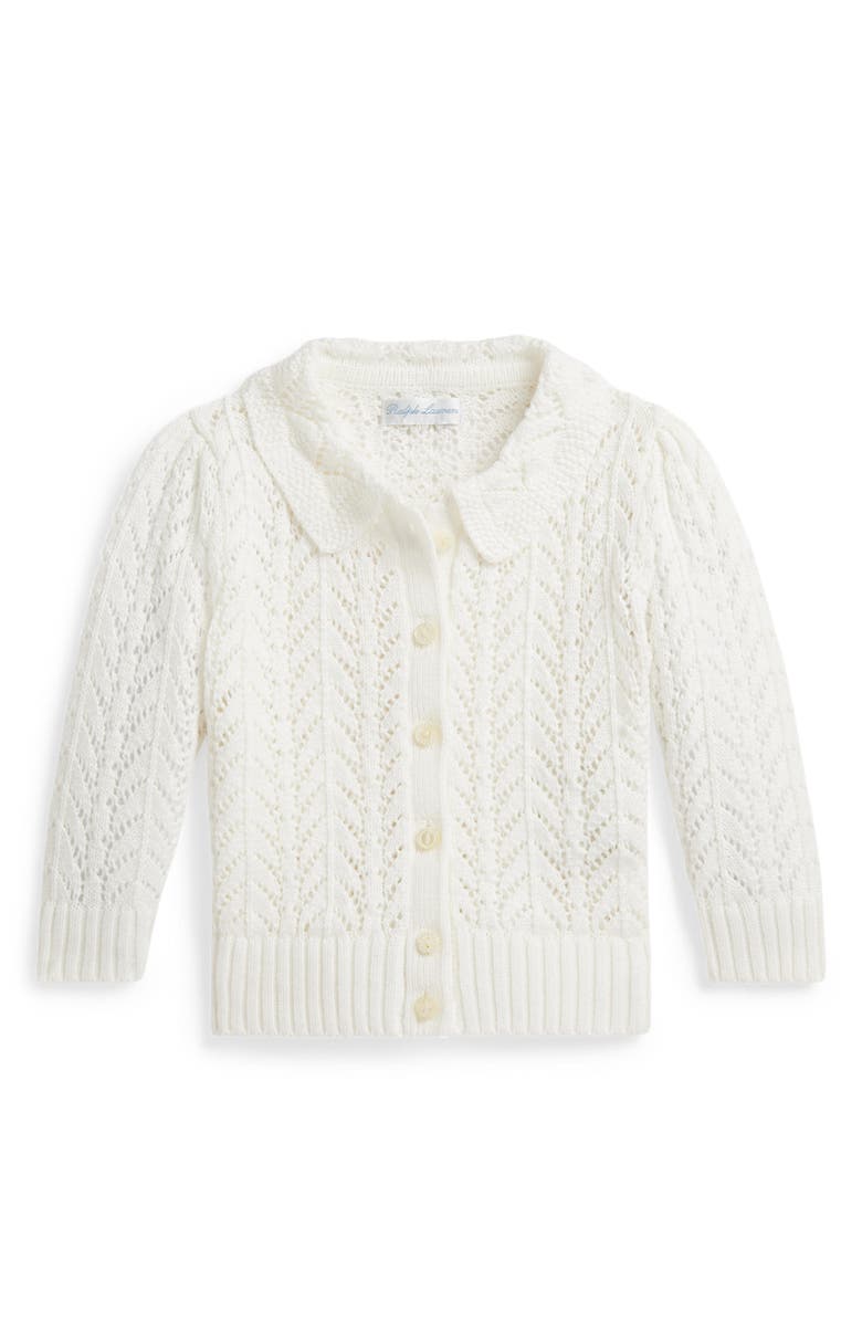 Ralph Lauren Collared Pointelle Stitch Cardigan, Main, color, Deck Wash White