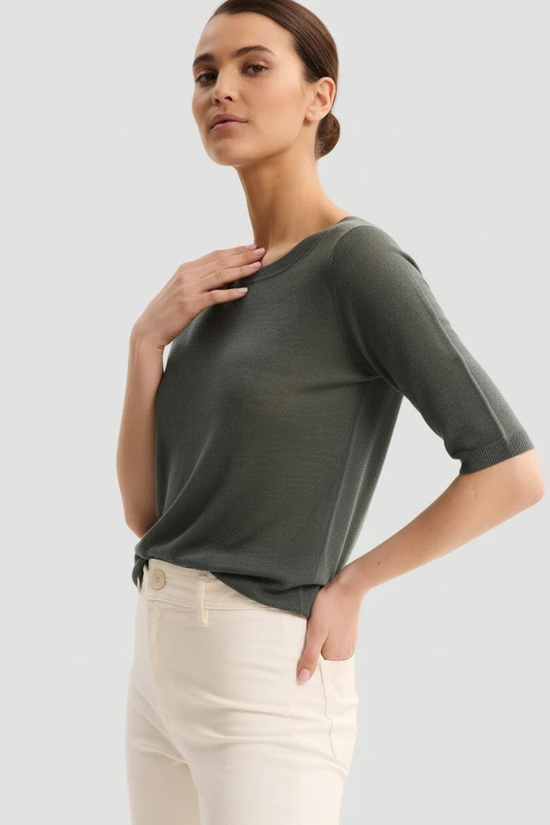 Stretch Linen Knit Three Quarter Sleeve Boatneck Shirt, Alternate, color, AGAVE