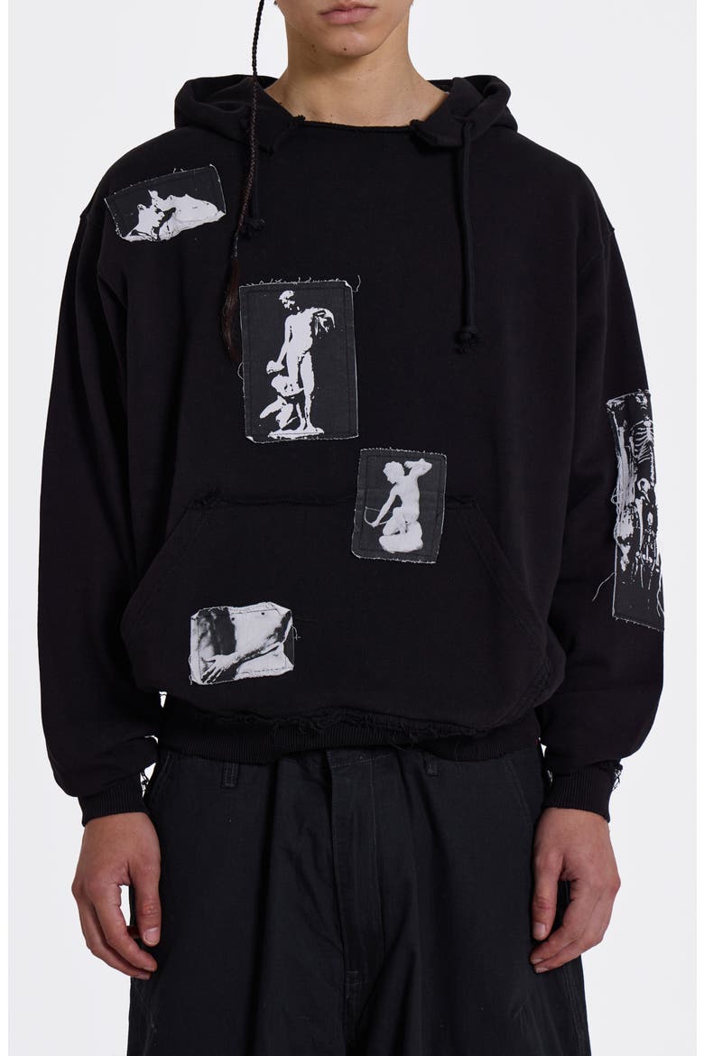 Devoted Graphic Patch Distressed Hoodie, Main, color, BLACK