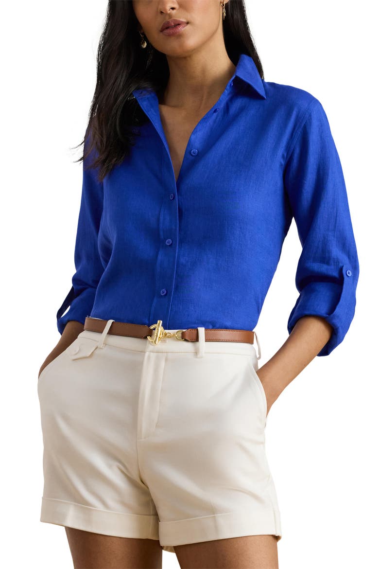 Karrie Linen Button-Up Shirt, Main, color, CRUISE ROYAL BLUE