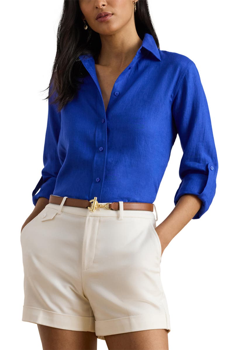 Lauren Ralph Lauren Karrie Linen Button-Up Shirt, Main, color, Cruise Royal Blue