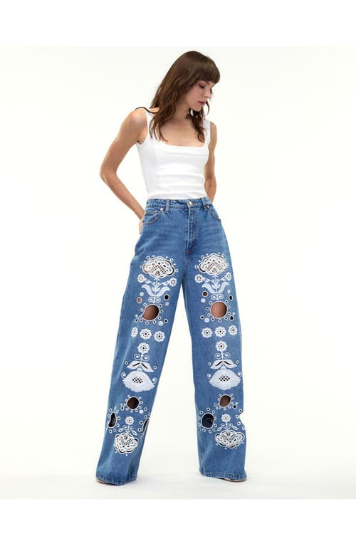 Cynthia Rowley Embroidered Wide-leg Jeans In Blue/white