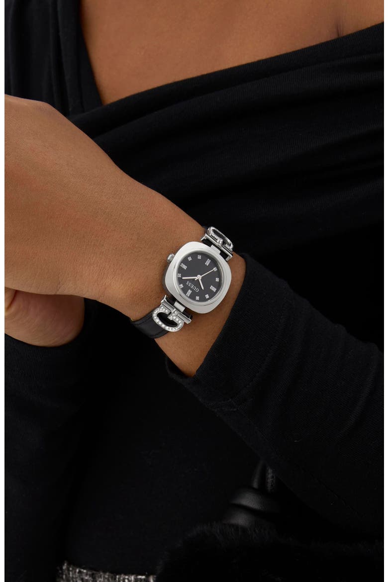 Crystal G-Logo Leather Strap Watch, 28mm, Alternate, color, BLACK