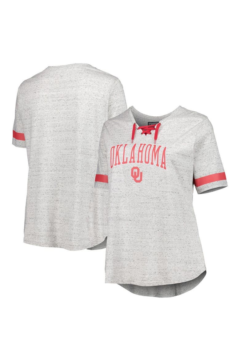 Women's Heather Gray Oklahoma Sooners Plus Size Lace-Up T-Shirt, Main, color, Heather Gray