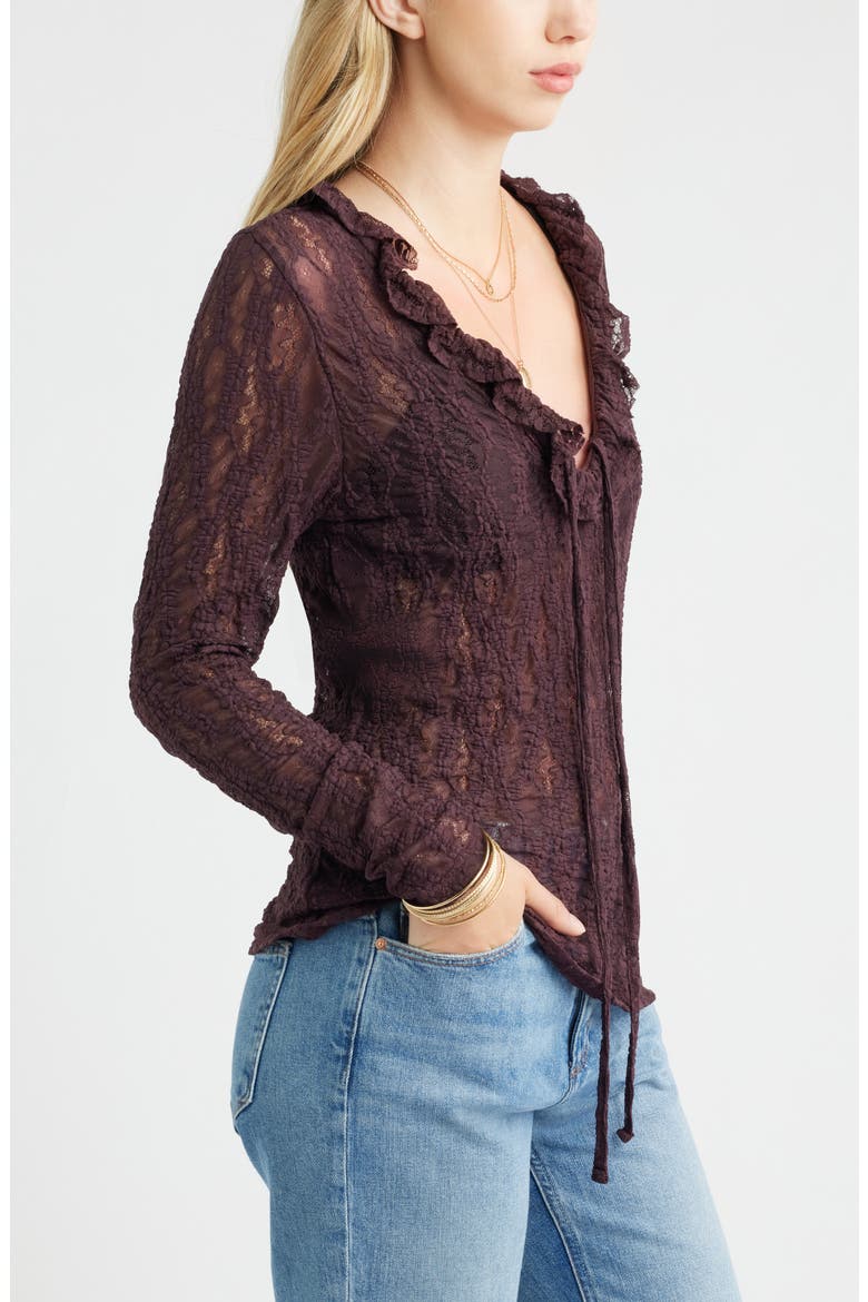 Ruffle Tie Neck Lace Top, Alternate, color, BURGUNDY FUDGE