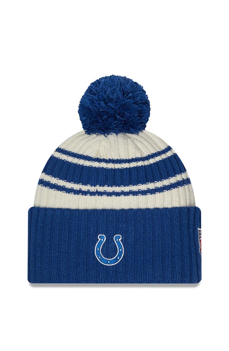 New Era Men's New Era Cream/Royal Indianapolis Colts 2022 Sideline Sport Cuffed Pom Knit Hat, Alternate, color, Cream