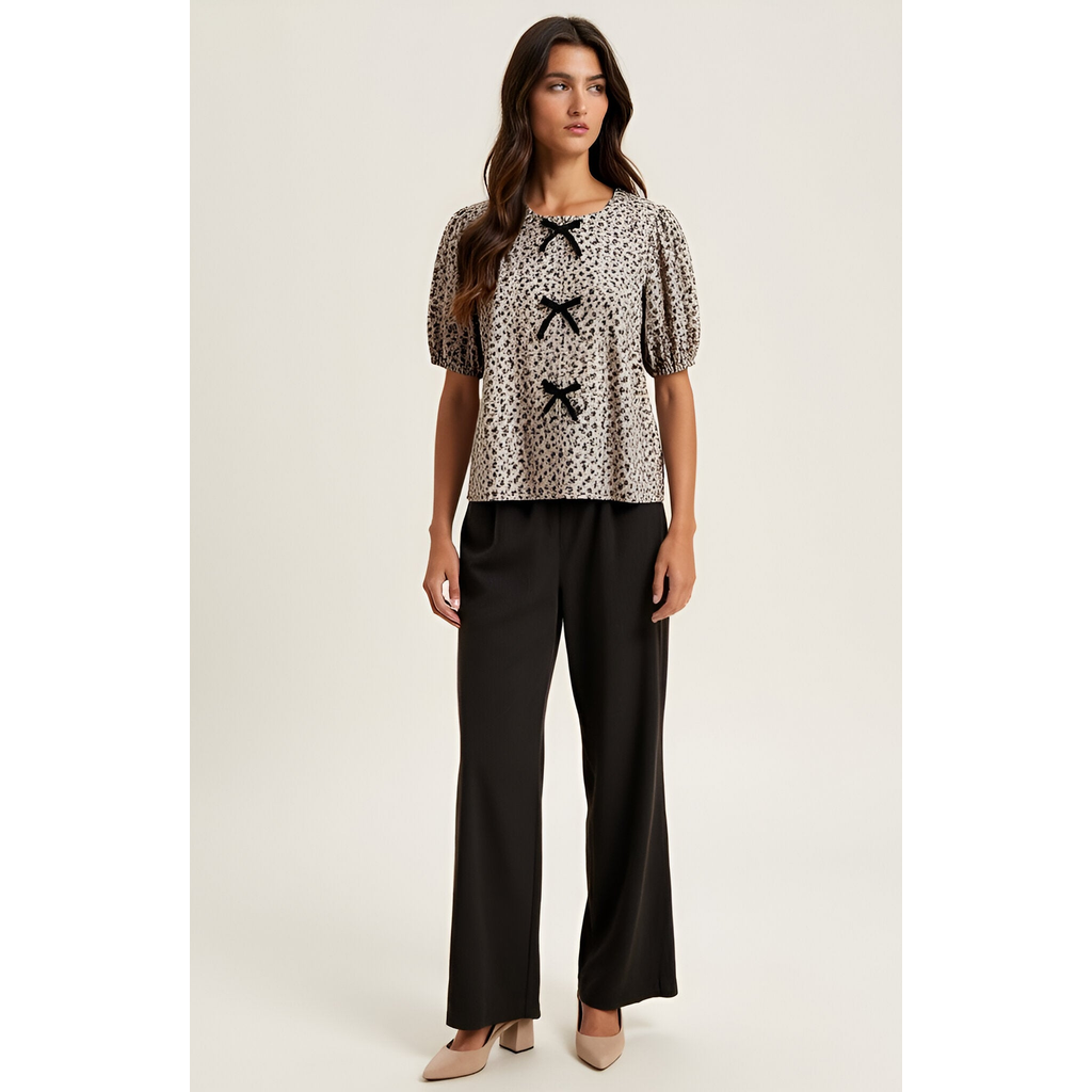 Modenaire Floral Puff-sleeve Crewneck Velvet Bow-accented Blouse In Gray