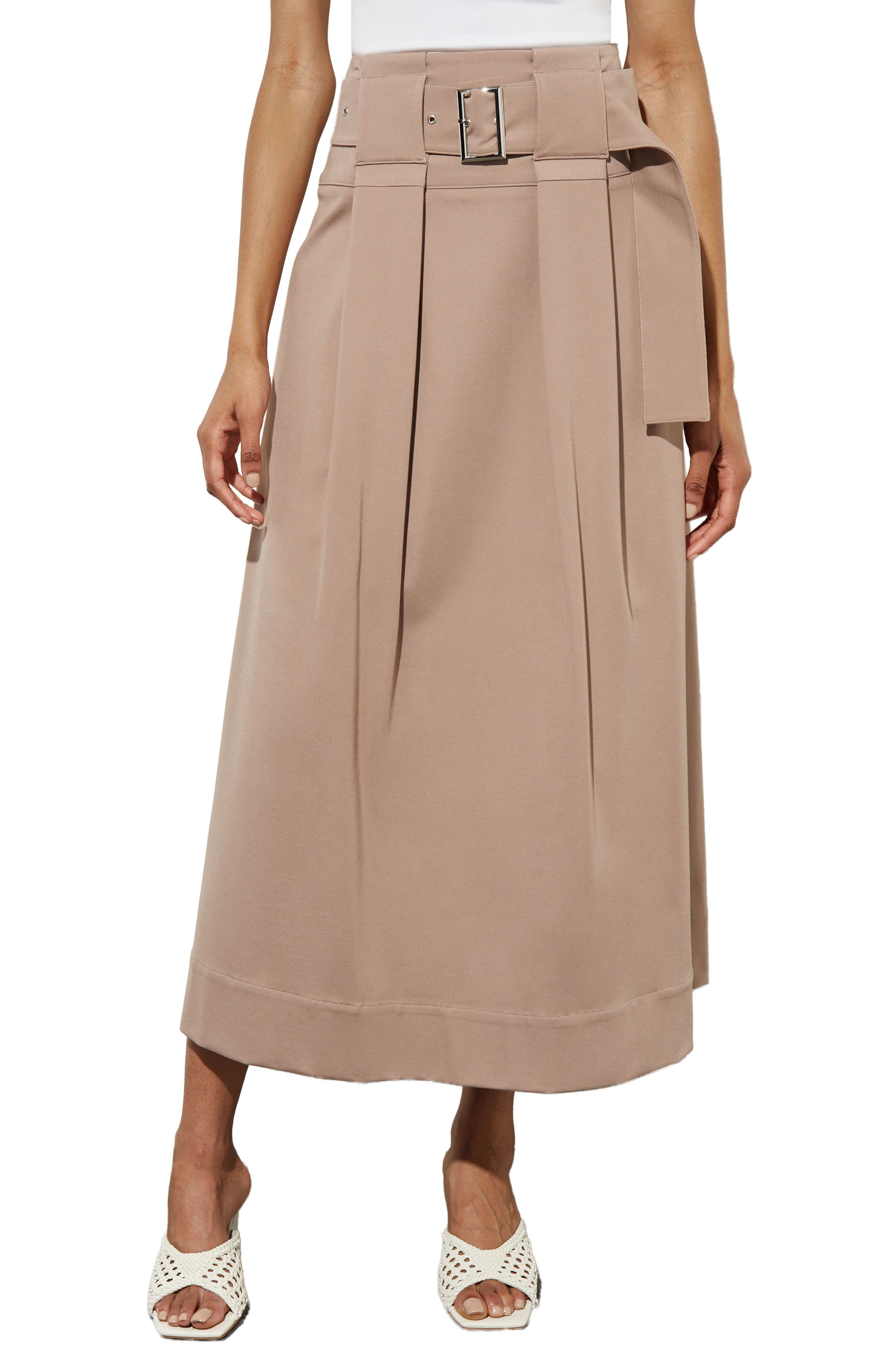 Ming Wang Pleated Belted A-Line Midi Skirt
