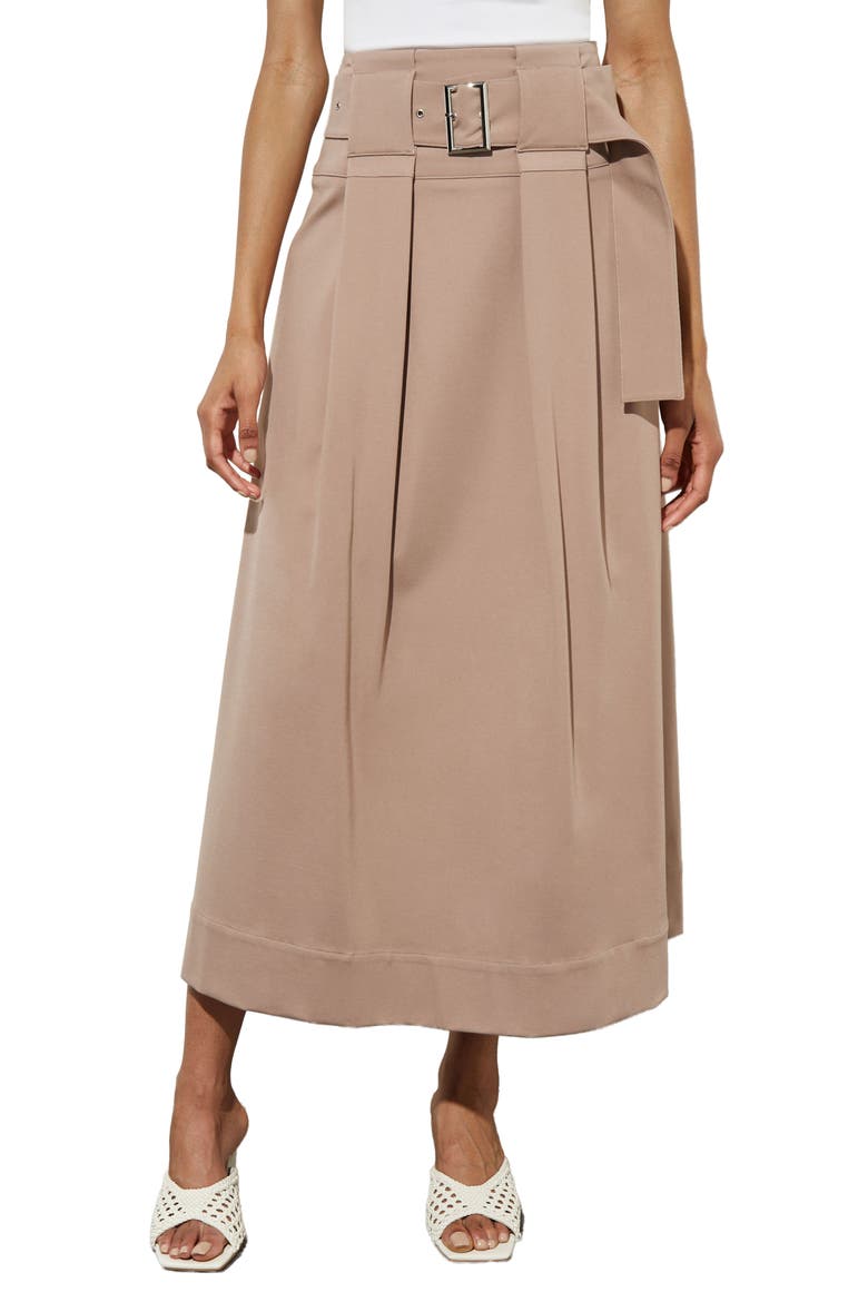 Pleated Belted A-Line Midi Skirt, Main, color, JAVA