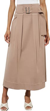Ming Wang Pleated Belted A-Line Midi Skirt