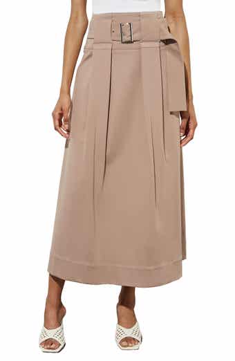 Ming Wang Pleated Belted A-Line Midi Skirt