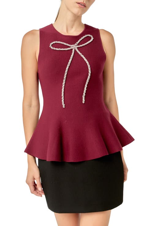 Rhinestone Bow Sleeveless Peplum Top