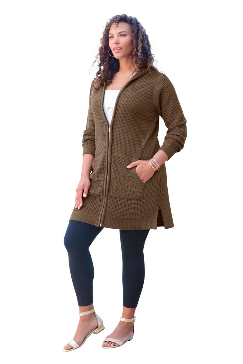 Waffle Mega Length Zip Hoodie, Main, color, CHOCOLATE