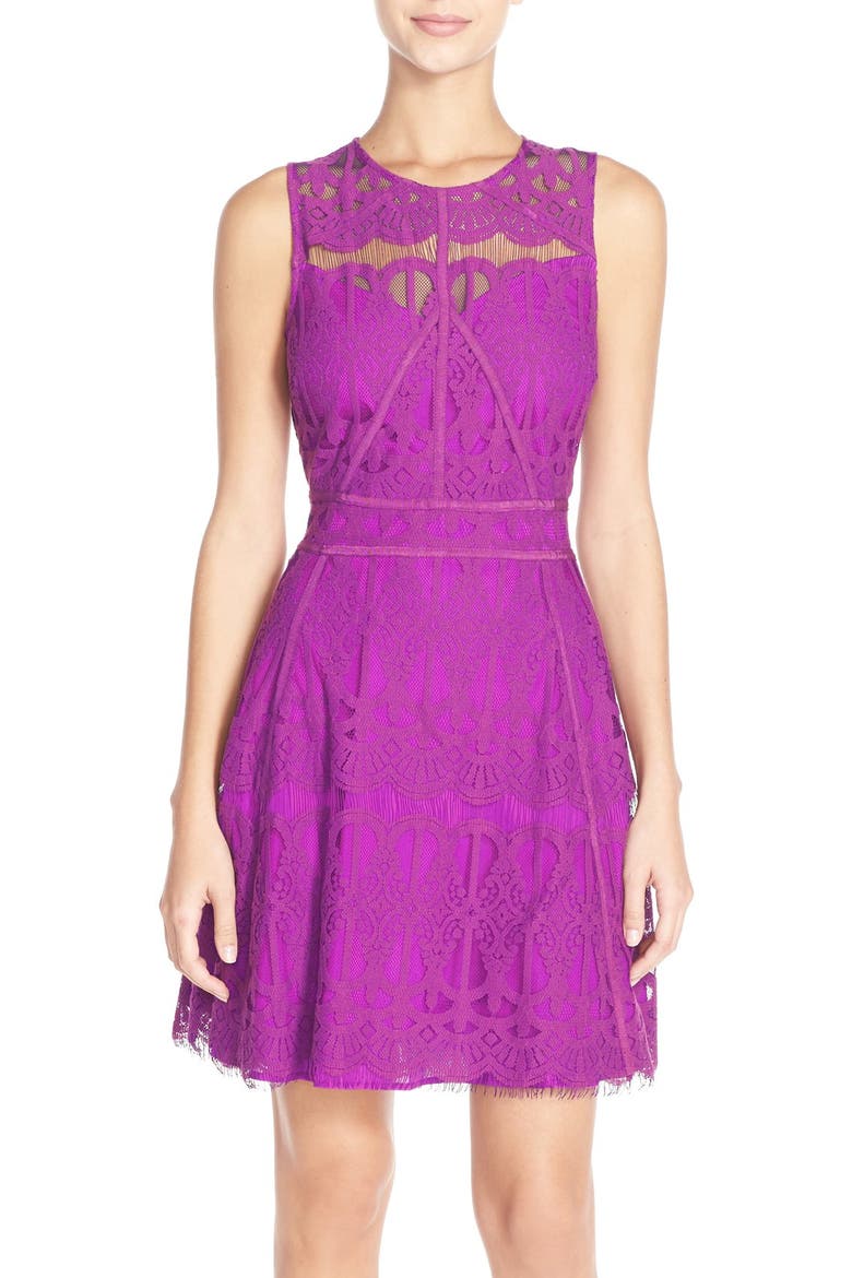 Illusion Yoke Lace Fit & Flare Dress, Main, color, PURPLE