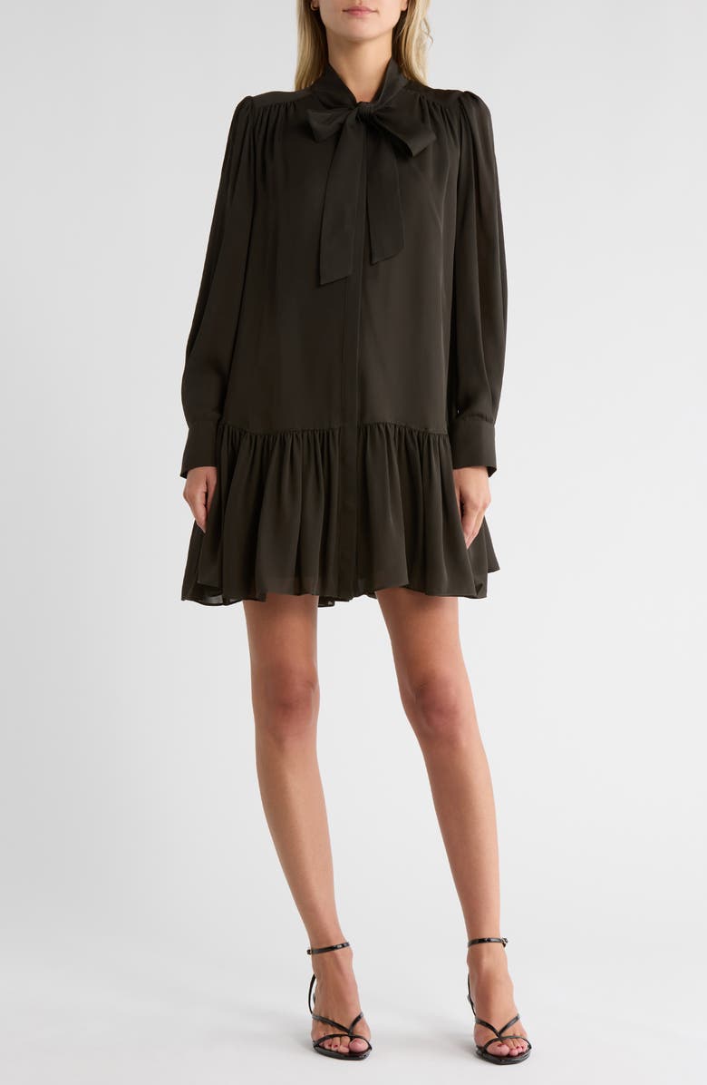 Simkhai Quince Tie Neck Long Sleeve Silk Minidress, Main, color, Moss