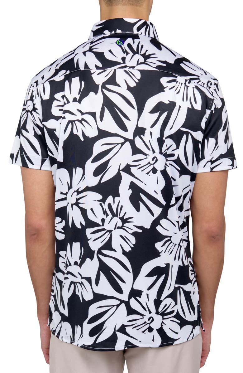 CONSTRUCT Regular Fit Exploded Floral Print Recycled Performance Golf Button-Down Shirt, Alternate, color, Black/White